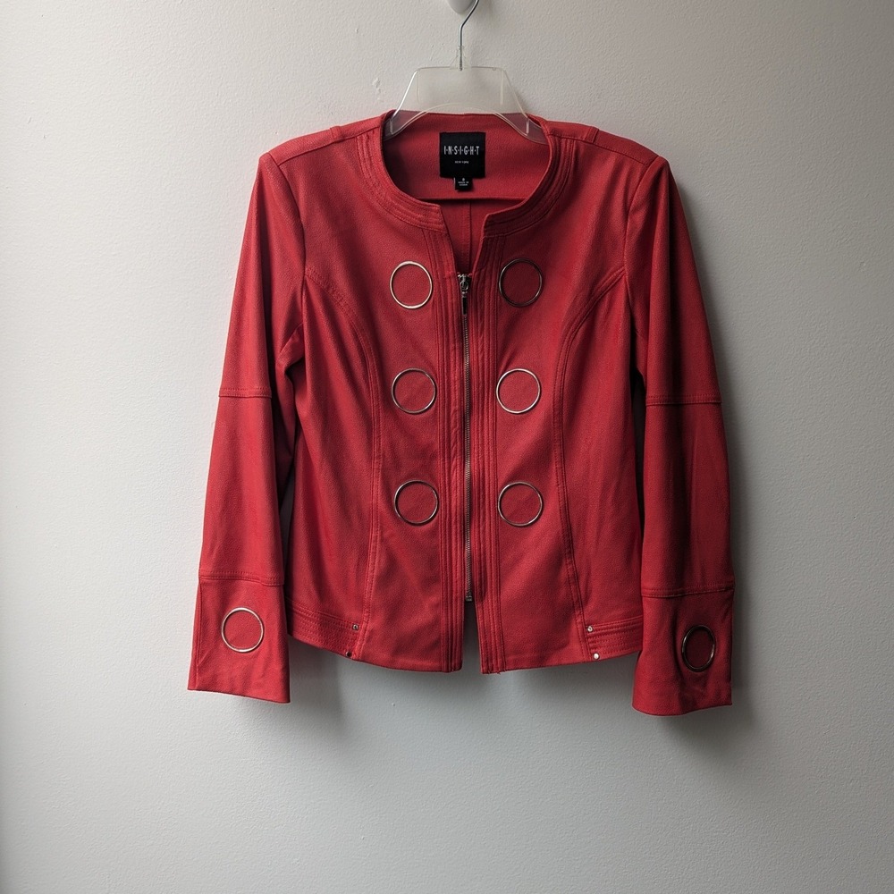 Vegan Suede Lightweight Jacket Red Silver Grommet Ring Zip Up Sz 8 Moto 80s